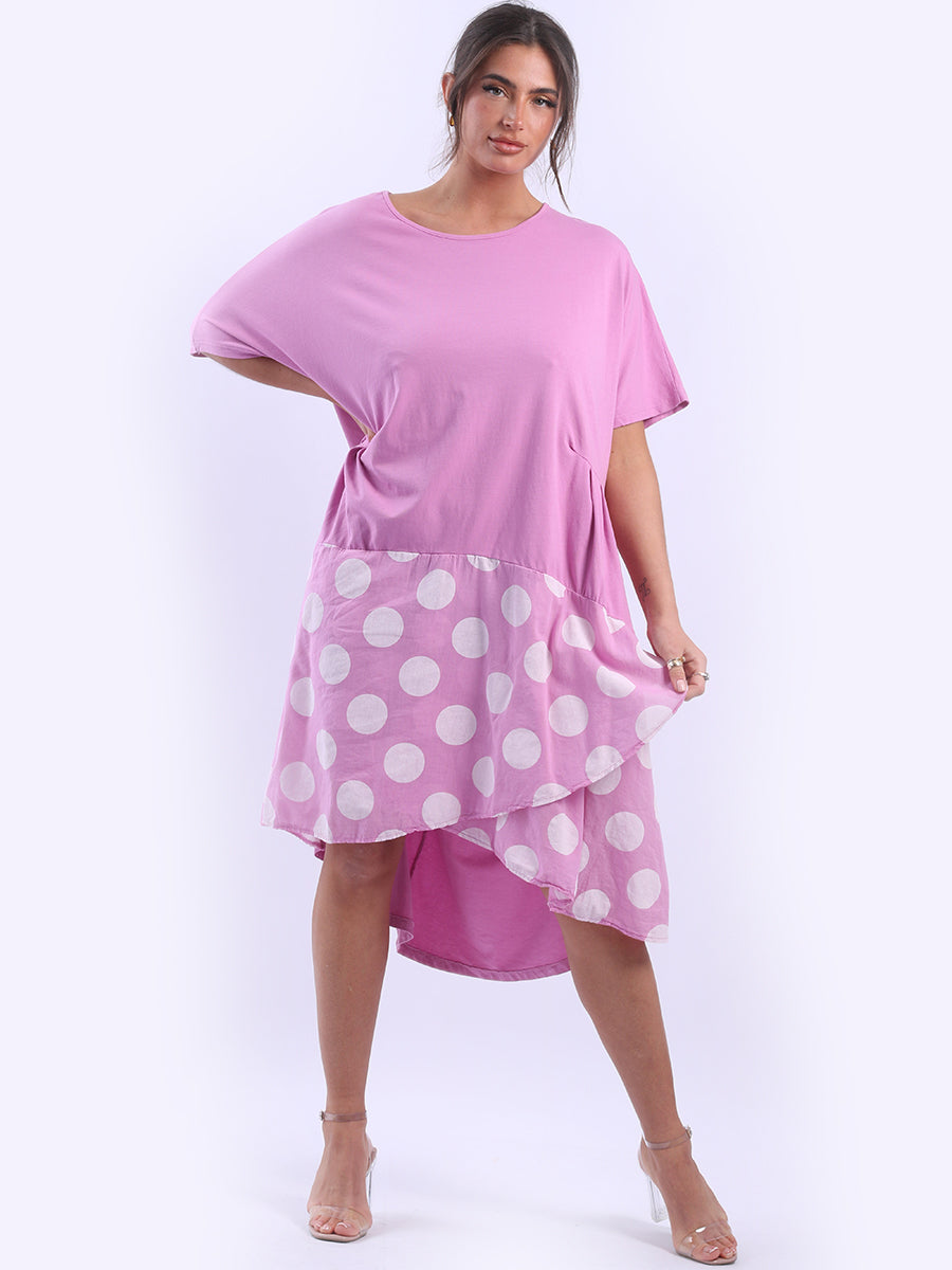 Polka Dot Contrast Cotton Dress Fuchsia