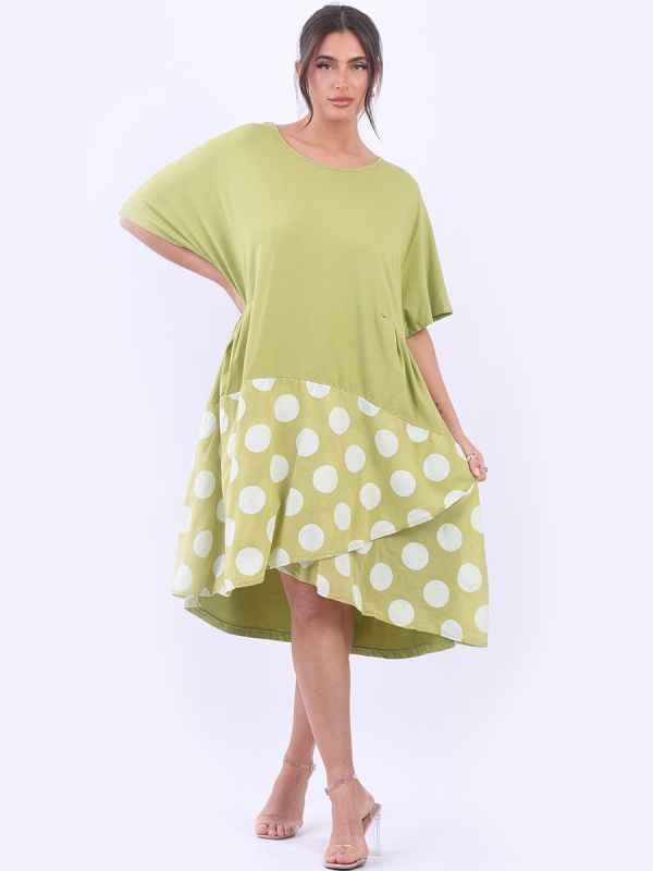 Polka Dot Contrast Cotton Dress Lime Green