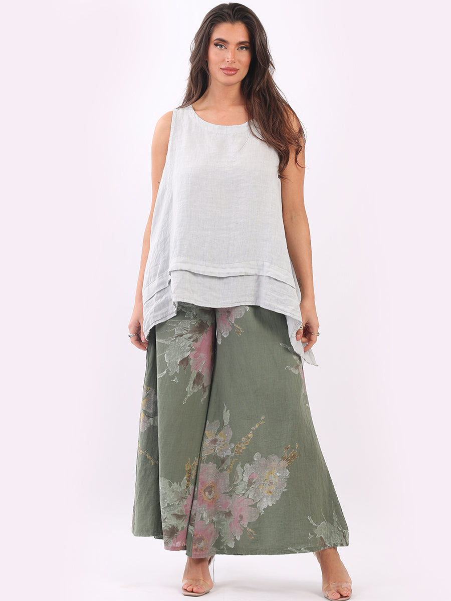 Floral Linen Palazzo Pant Khaki