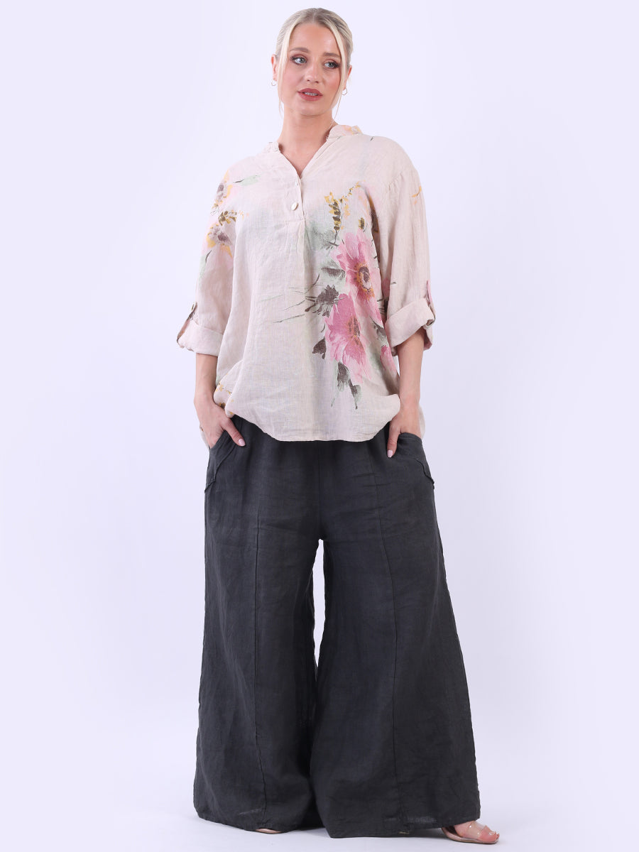Floral Linen Baggy Top Beige