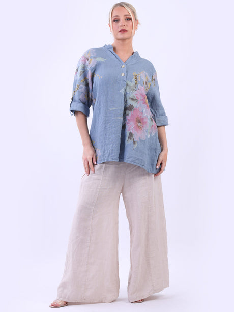 Floral Linen Baggy Top Denim
