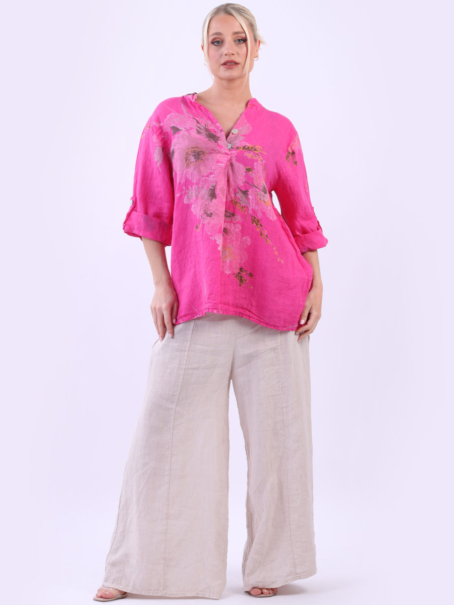 Floral Linen Baggy Top Fuchsia