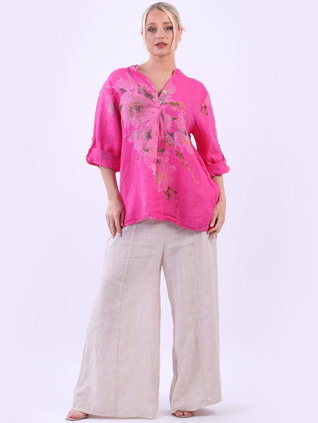 Floral Linen Baggy Top Fuchsia