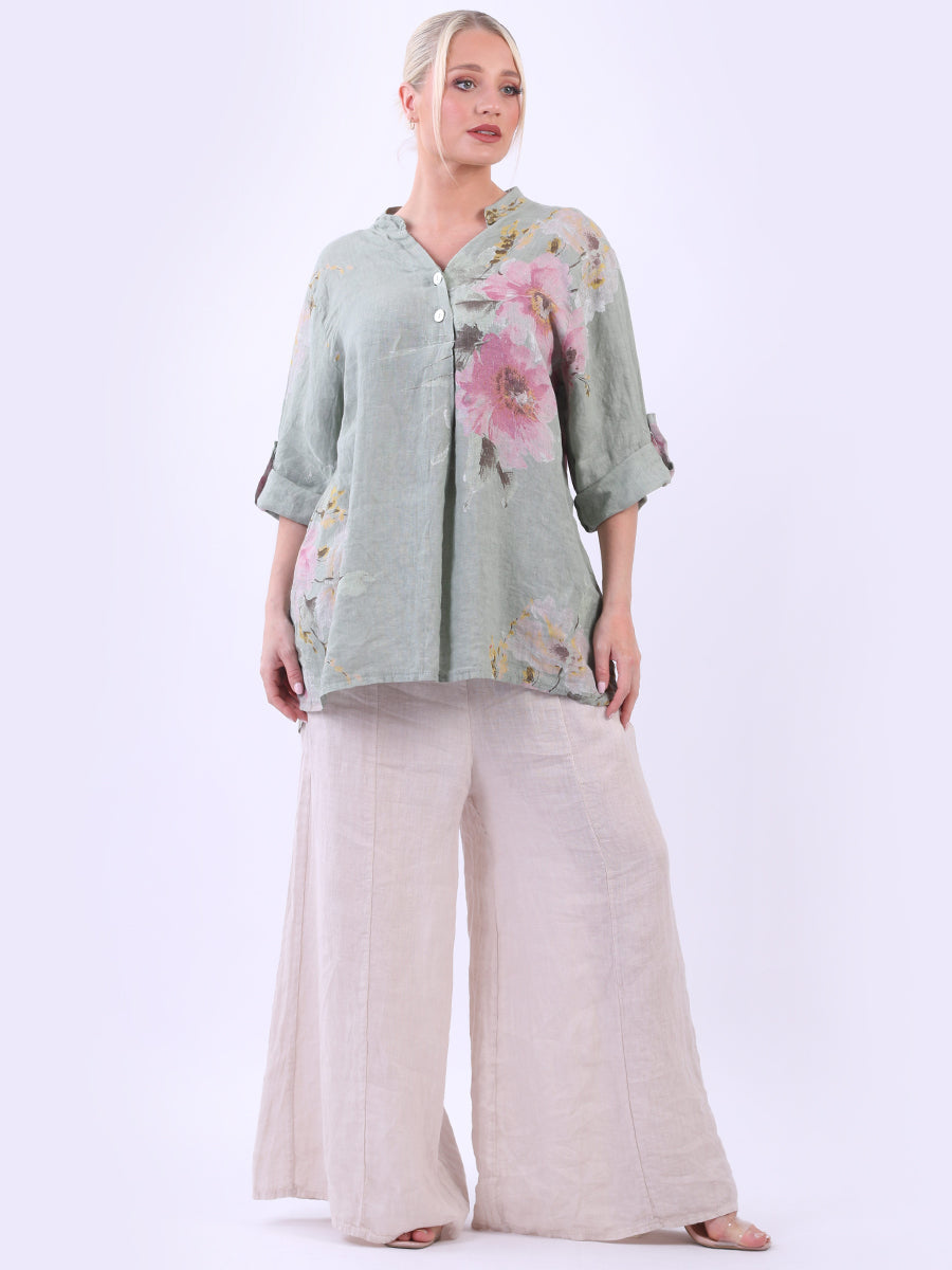 Floral Linen Baggy Top Khaki