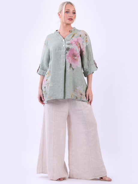 Floral Linen Baggy Top Khaki