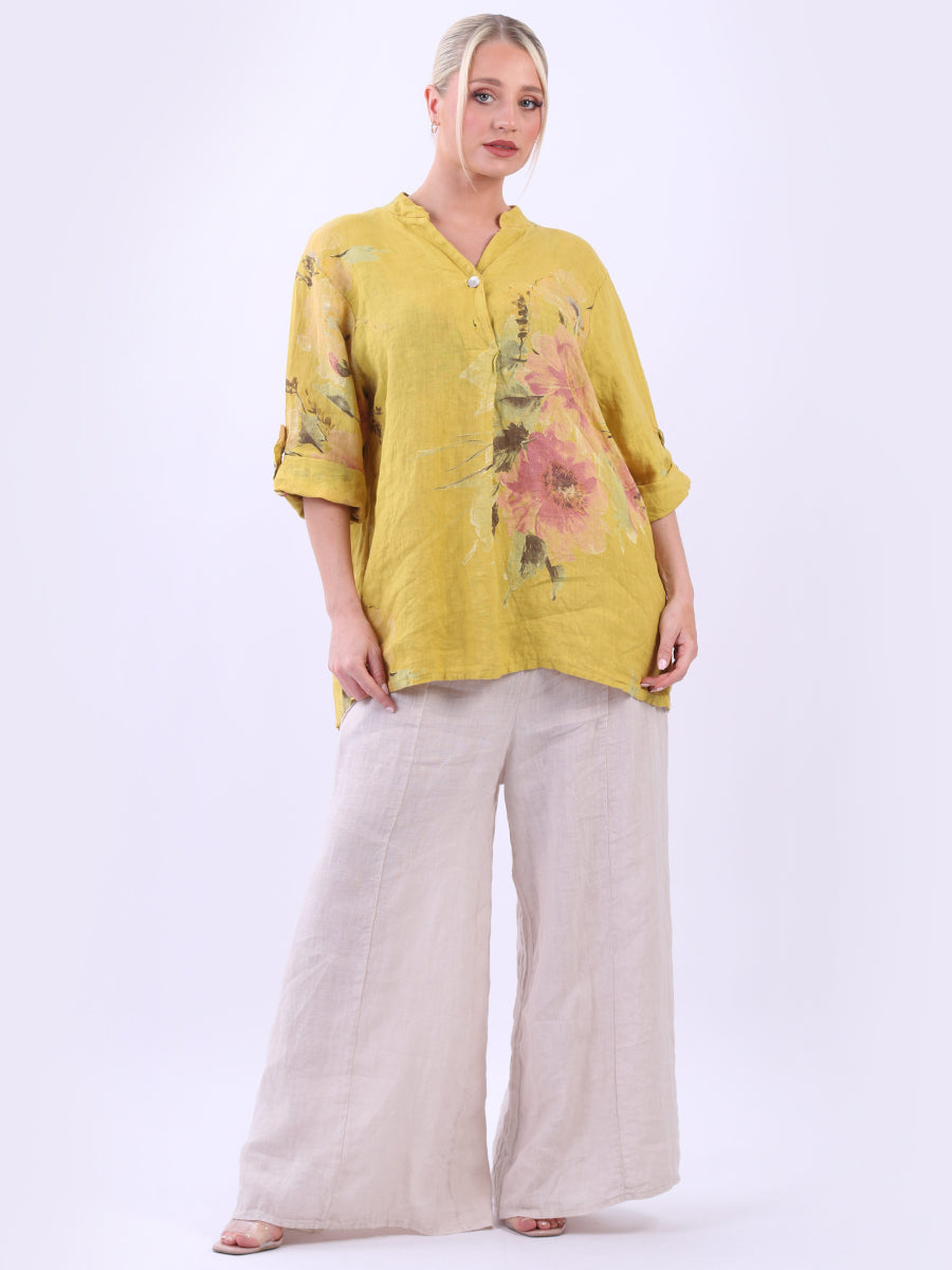 Floral Linen Baggy Top Mustard