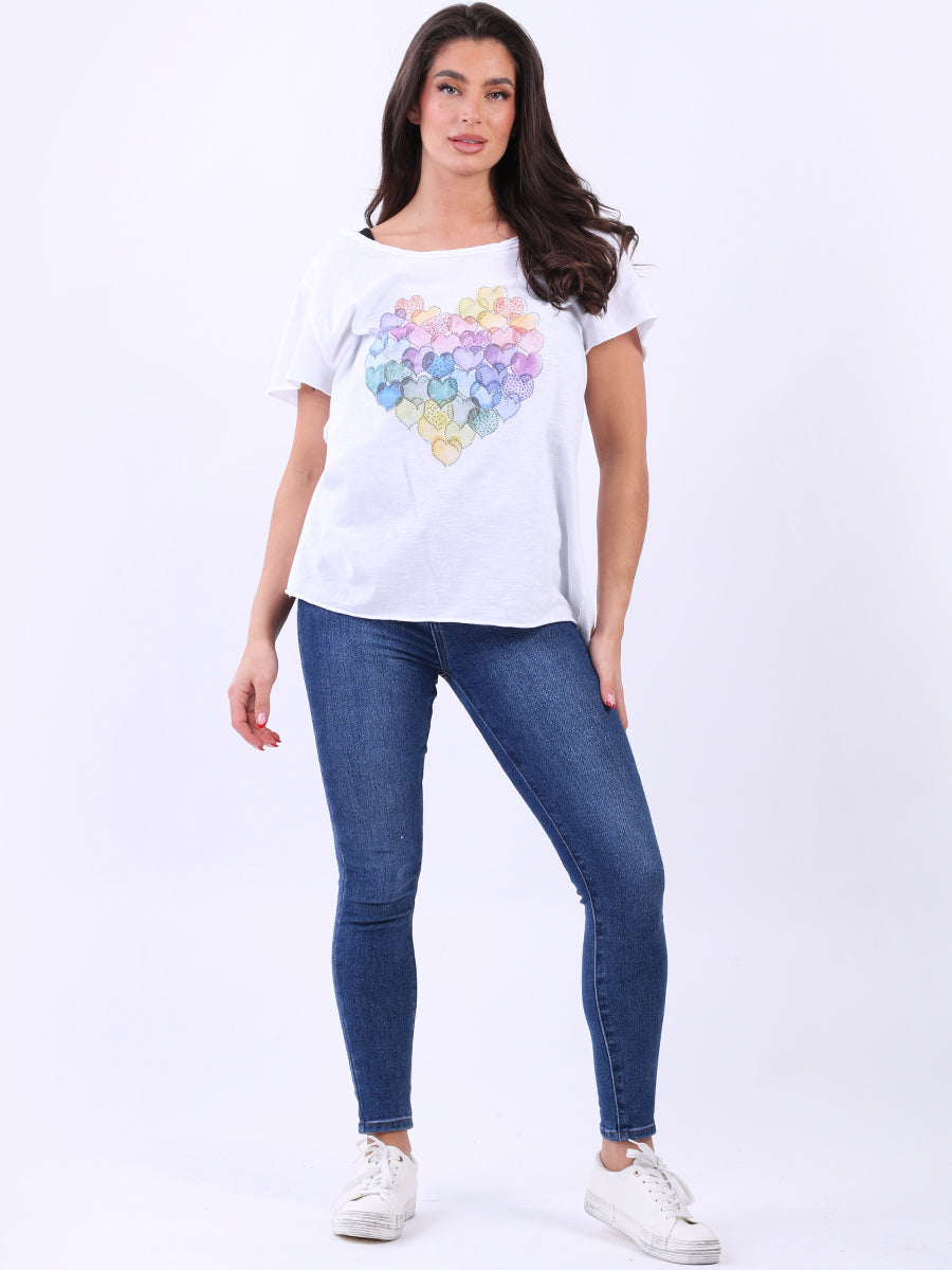 Multicolor Heart Print Raw Edged Cotton T-Shirt