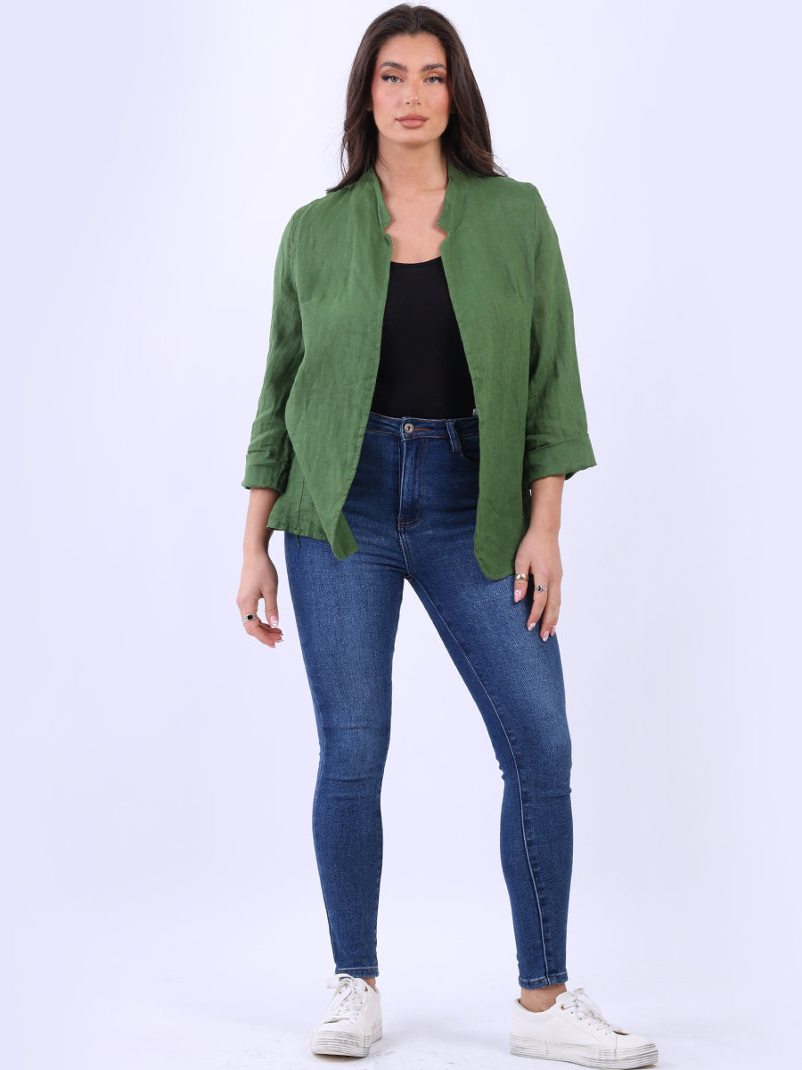 Open Front Linen Jacket Olive