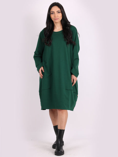 Ladies Plain Buttoned Hem Cotton Slouch Dress