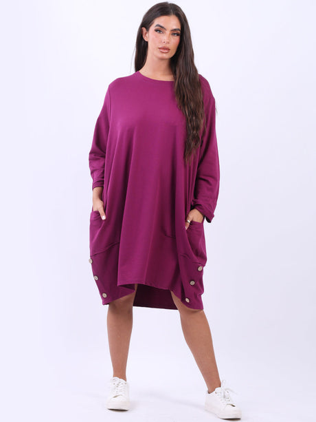 Ladies Plain Buttoned Hem Cotton Slouch Dress