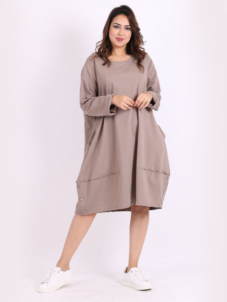 Ladies Plain Buttoned Hem Cotton Slouch Dress