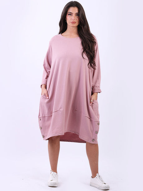 Ladies Plain Buttoned Hem Cotton Slouch Dress