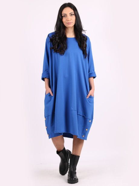 Ladies Plain Buttoned Hem Cotton Slouch Dress