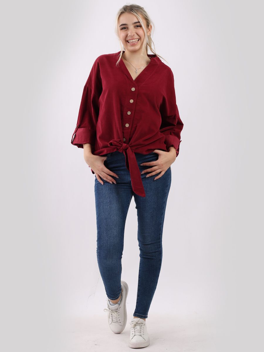 Plain Cotton Corduroy Twisted Hem Knot Ladies Shirt