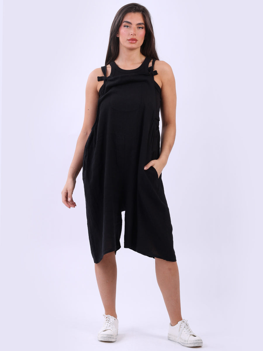 Plain Linen Playsuit Black