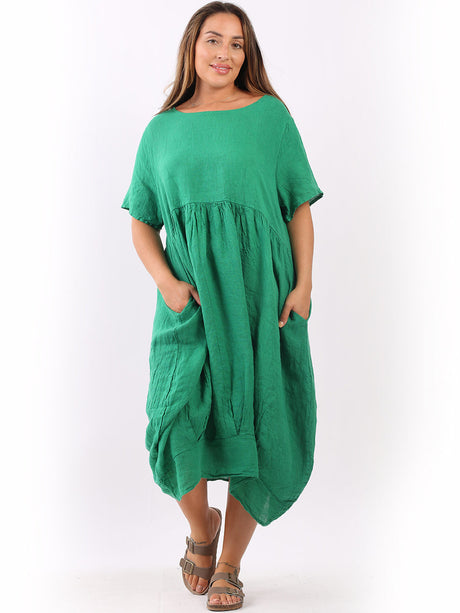 Linen Quirky Lagenlook Midi Swing Dress Green