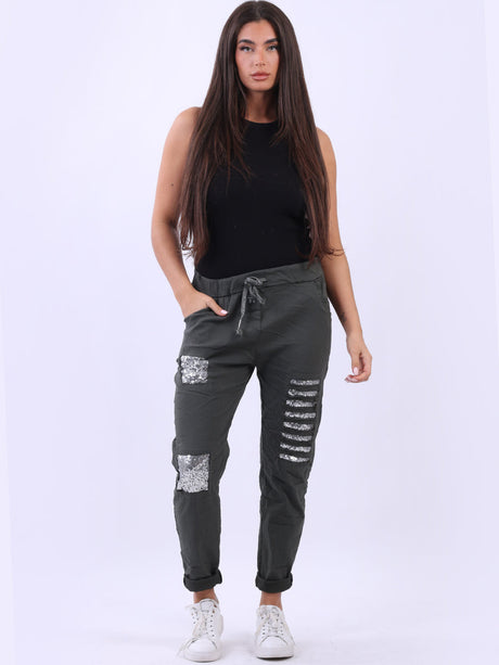 Ladies Sequin Ripped Magic Pant Khaki
