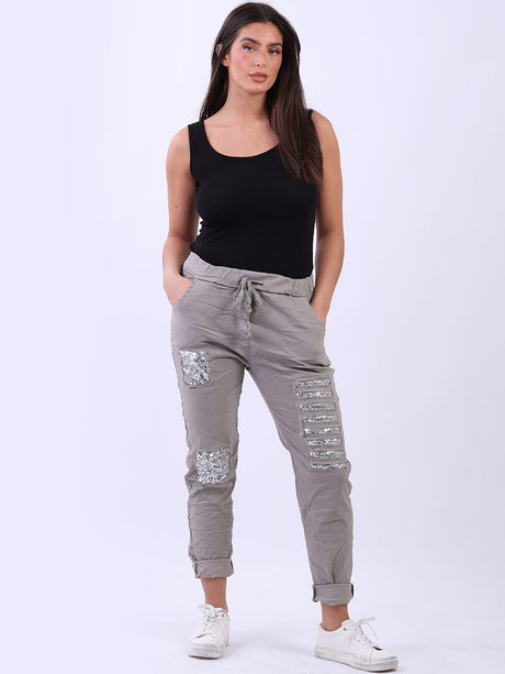 Ladies Sequin Ripped Magic Pant Mocha