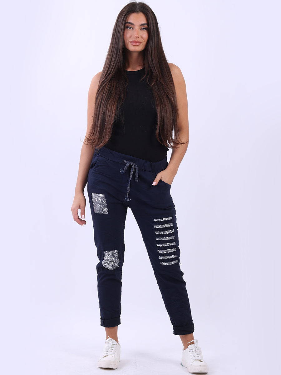 Ladies Sequin Ripped Magic Pant Navy