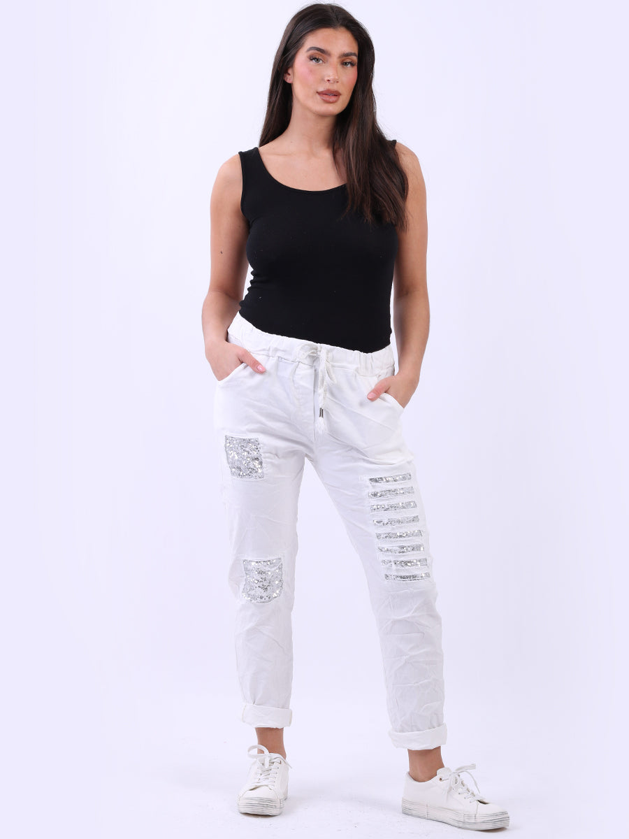 Ladies Sequin Ripped Magic Pant White
