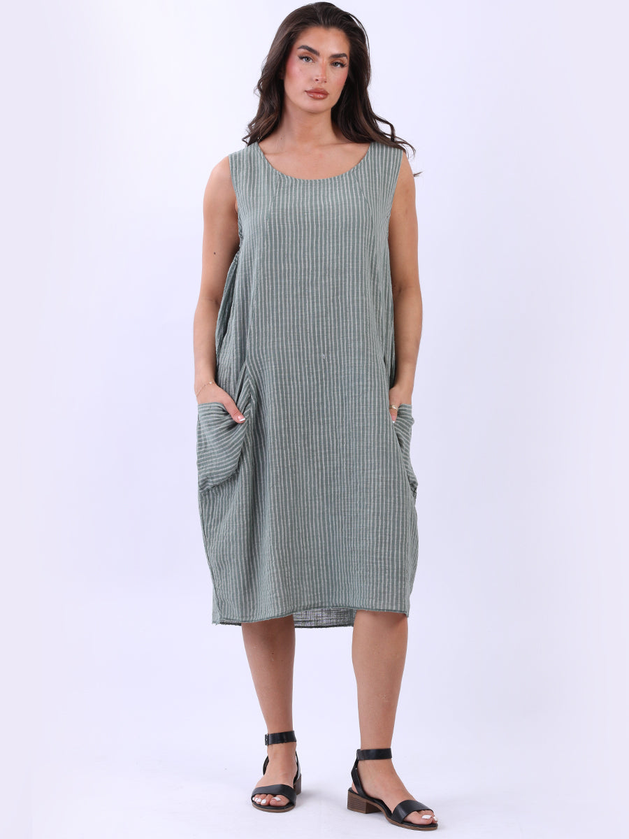 Plus Size Cotton Stripy Dress Khaki