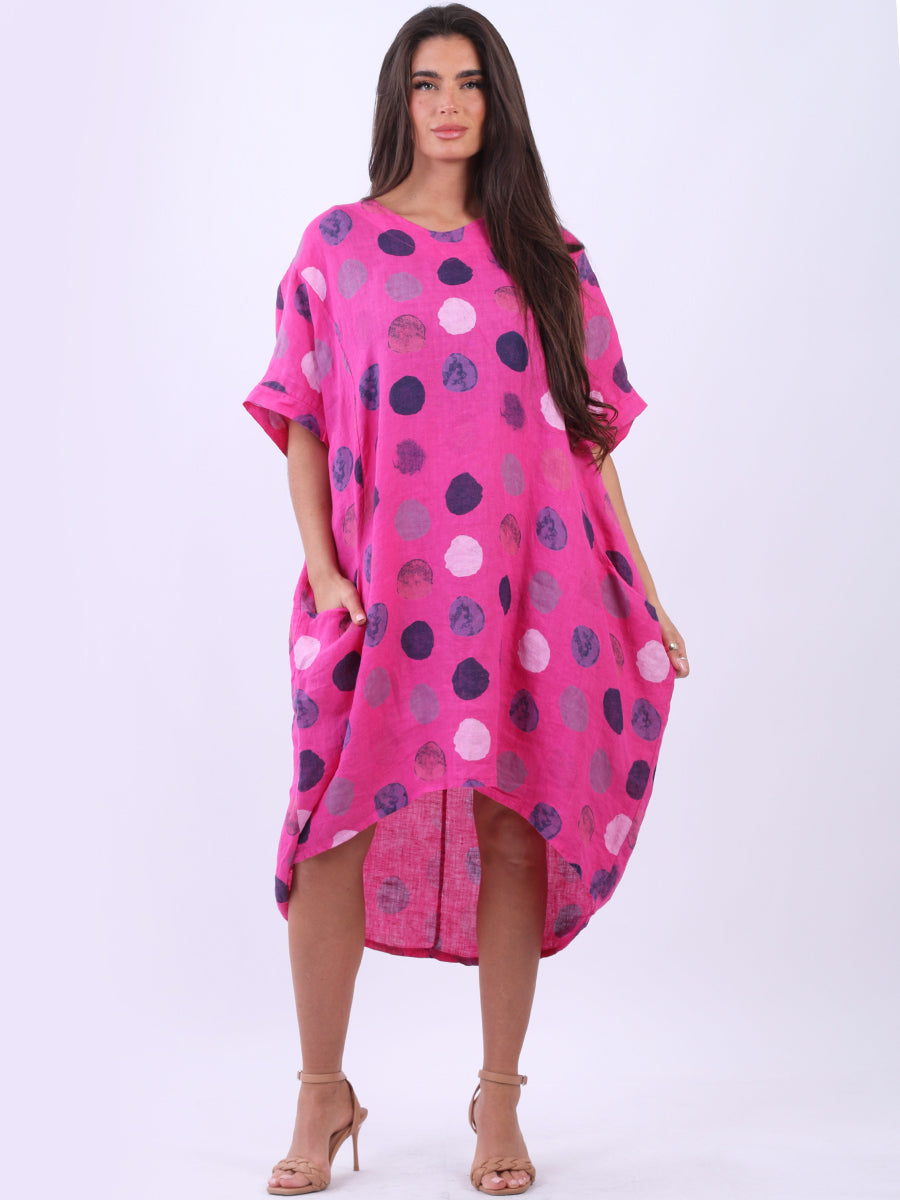 Polka Dots Plus Size Linen Dress Fuchsia