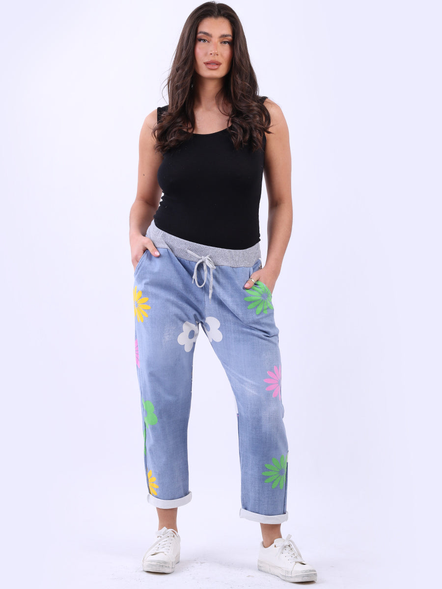Cotton Multi Flower Joggers Light Denim