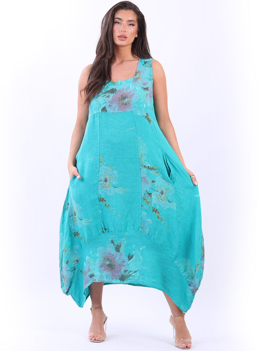 Sleeveless Floral Linen Sundress Aqua