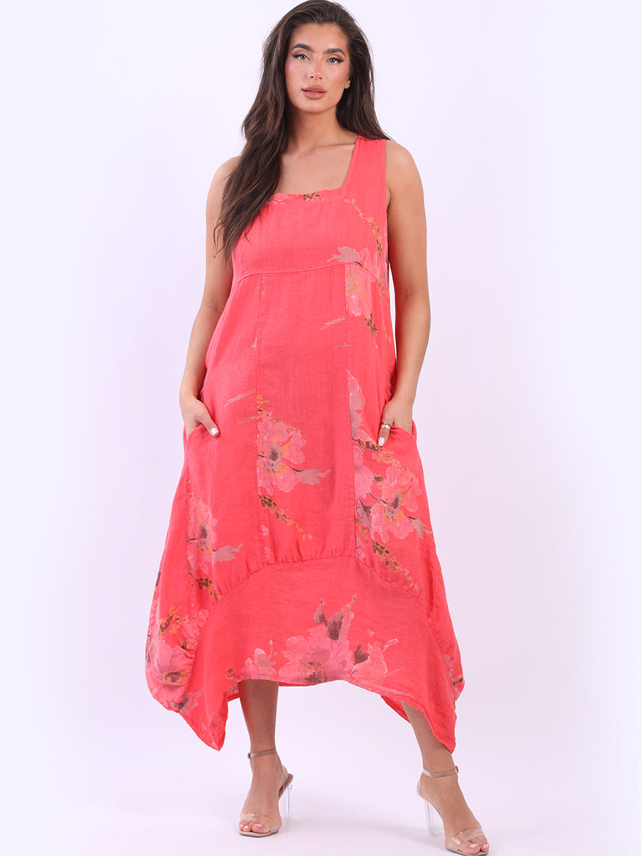 Sleeveless Floral Linen Sundress Coral