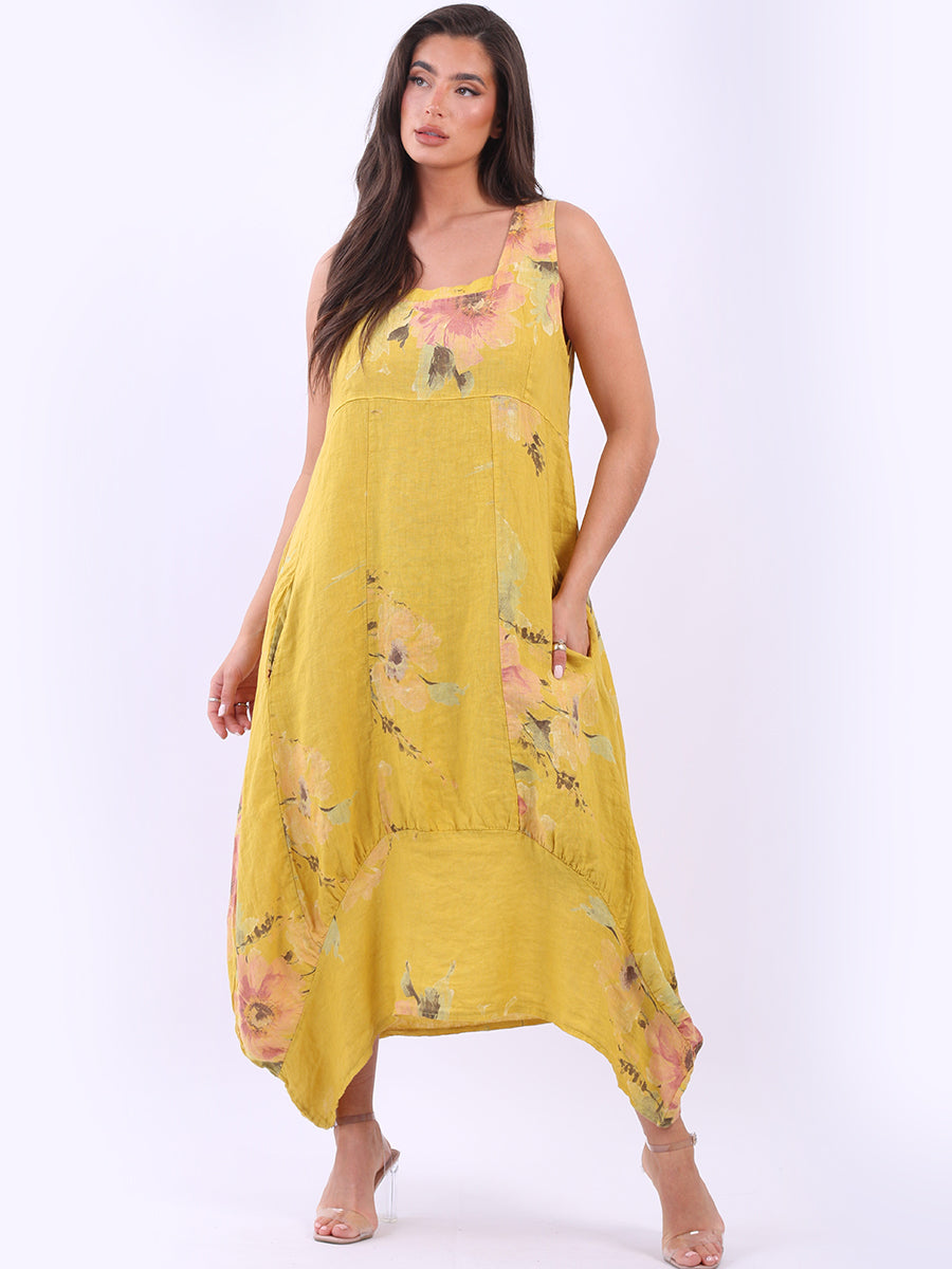 Sleeveless Floral Linen Sundress Mustard
