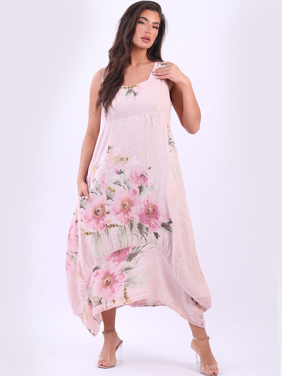 Sleeveless Floral Linen Sundress Pink
