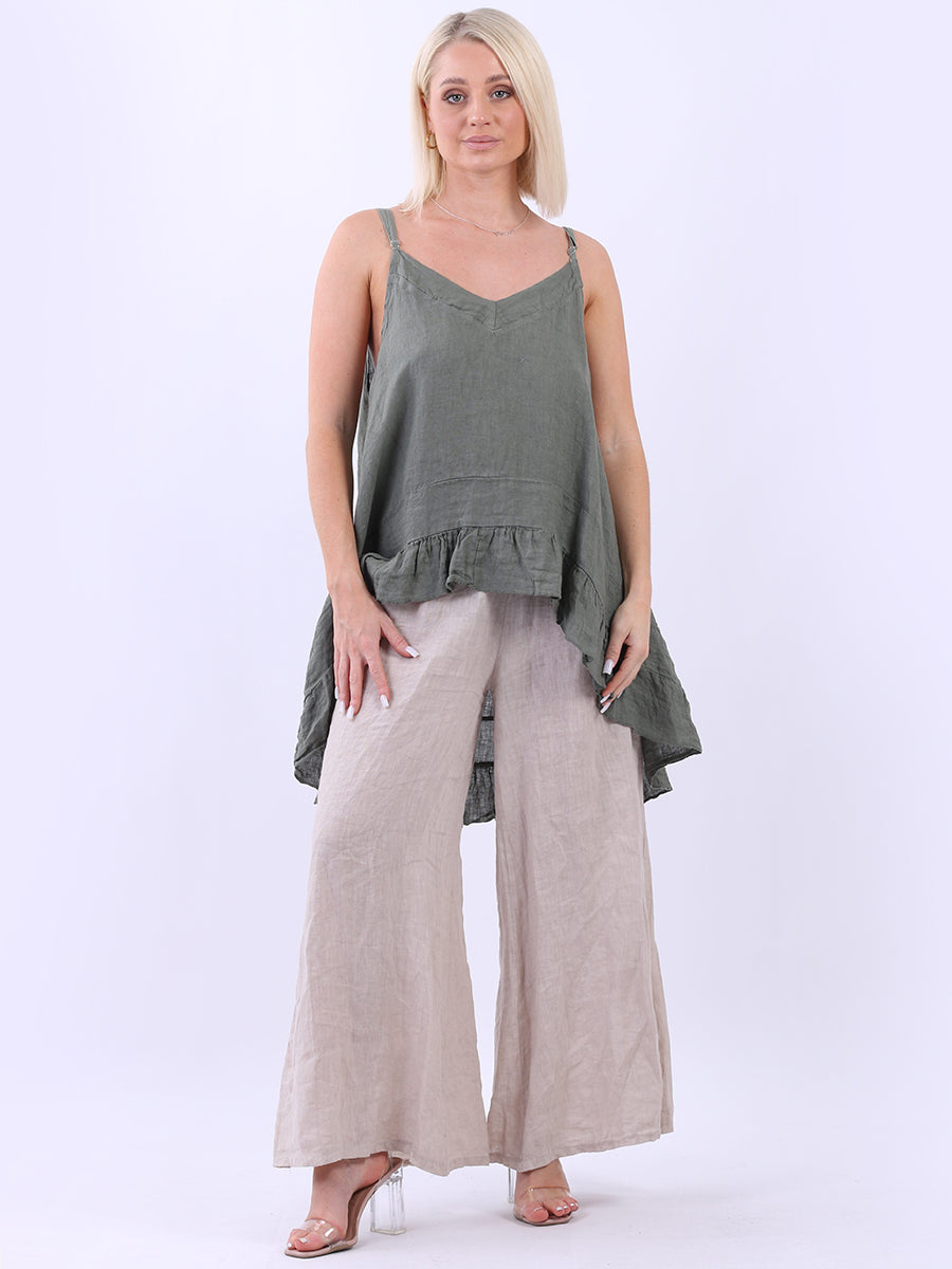 Linen Ruffle Tunic Cami Top Khaki