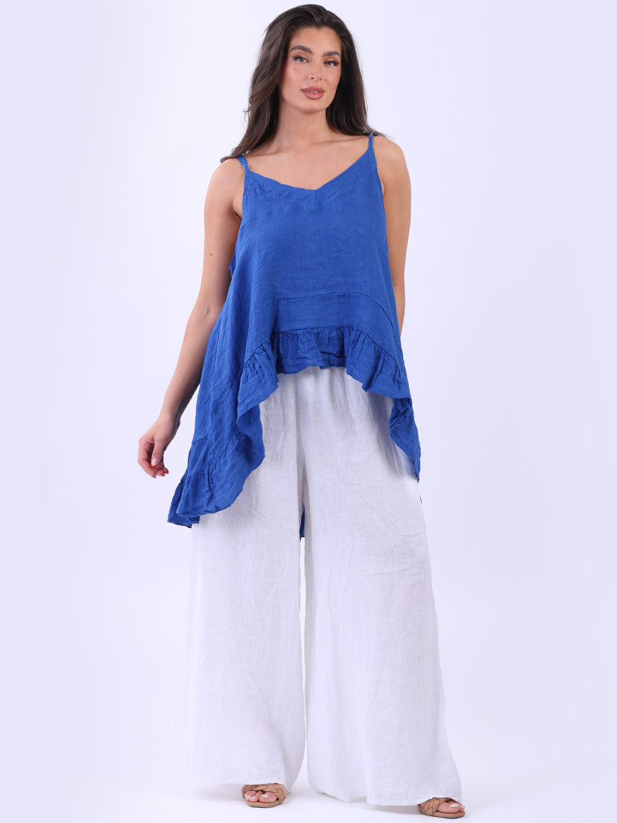 Linen Ruffle Tunic Cami Top Royal Blue