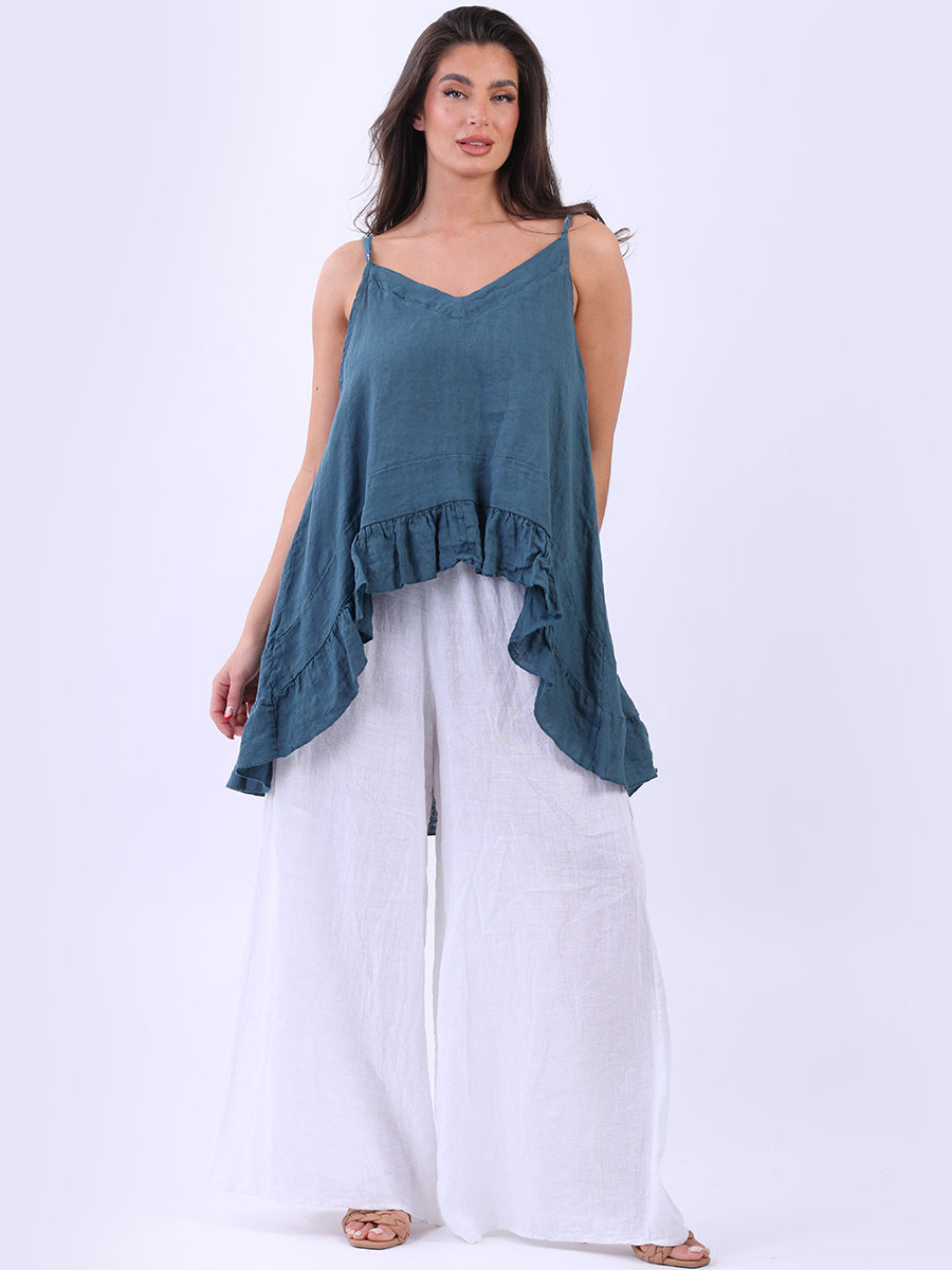 Linen Ruffle Tunic Cami Top Teal
