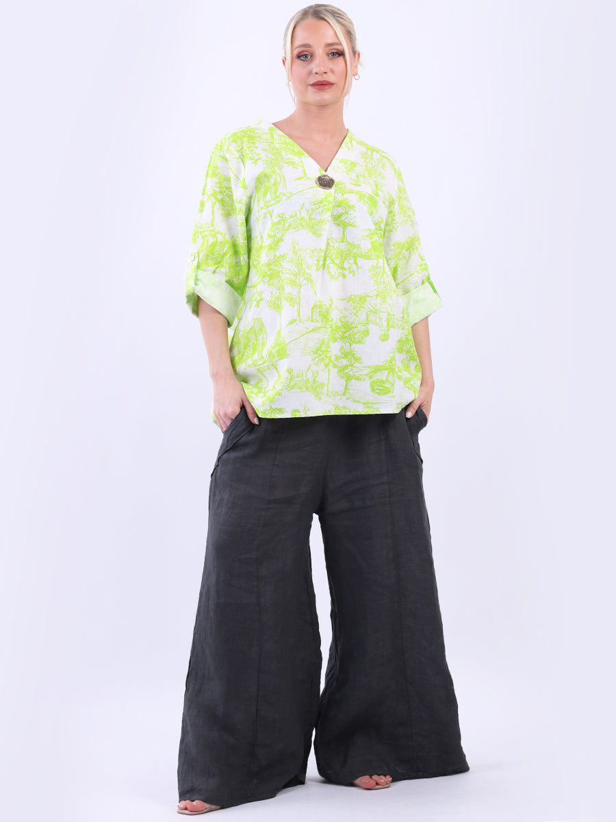 Jungle Print Linen Top Lime Green