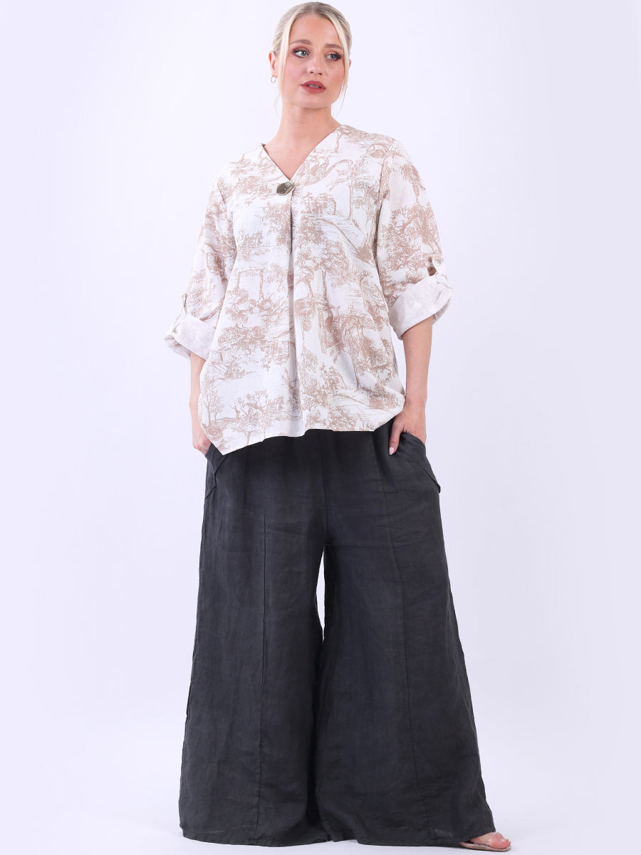 Jungle Print Linen Top mocha