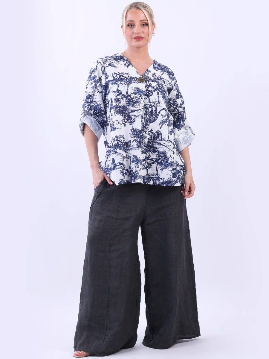 Jungle Print Linen Top Navy