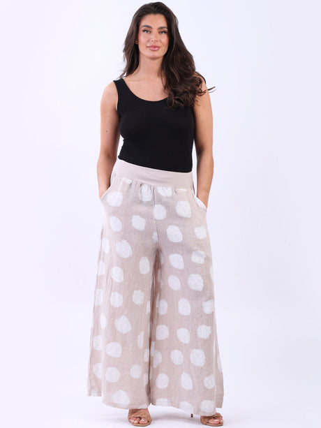 Polka Dot Linen Palazzo Pant Beige