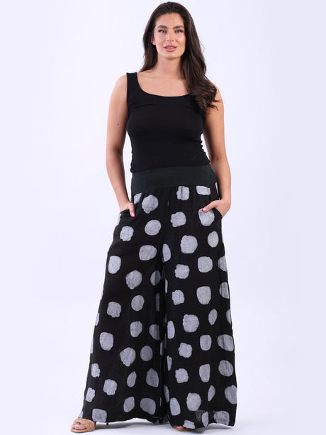Polka Dot Linen Palazzo Pant Black