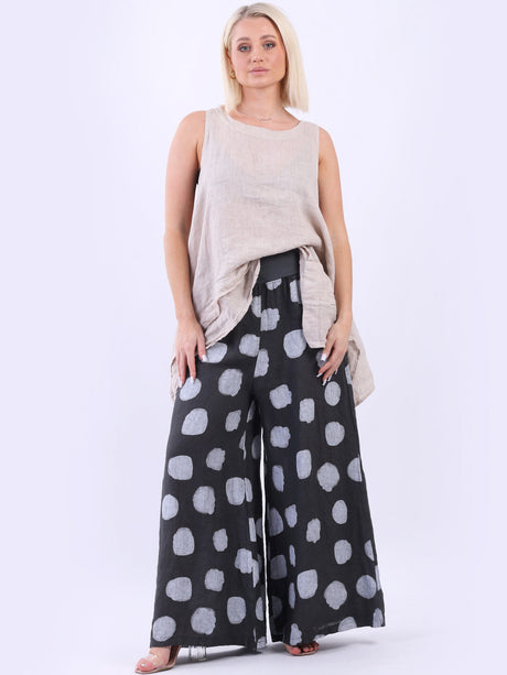 Polka Dot Linen Palazzo Pant Charcoal