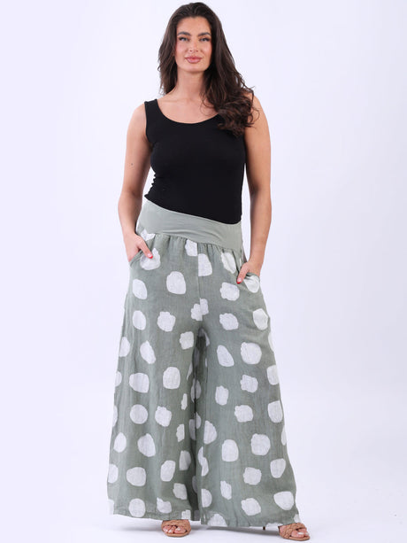Polka Dot Linen Palazzo Pant Khaki