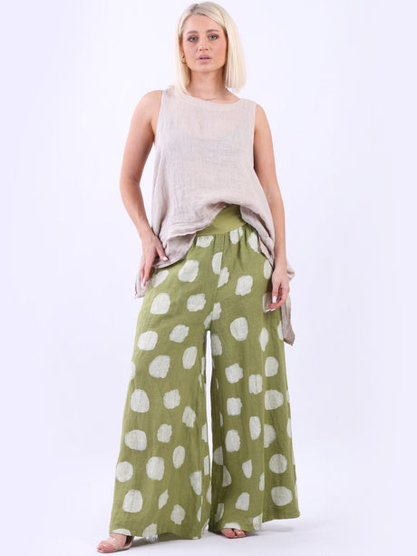 Polka Dot Linen Palazzo Pant Lime Green