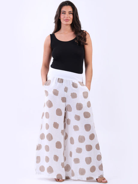 Polka Dot Linen Palazzo Pant White