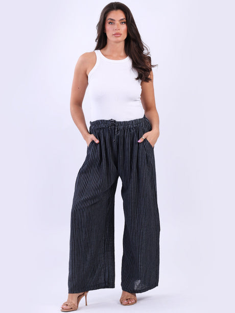 Wide Leg Stripy Cotton Trouser Black