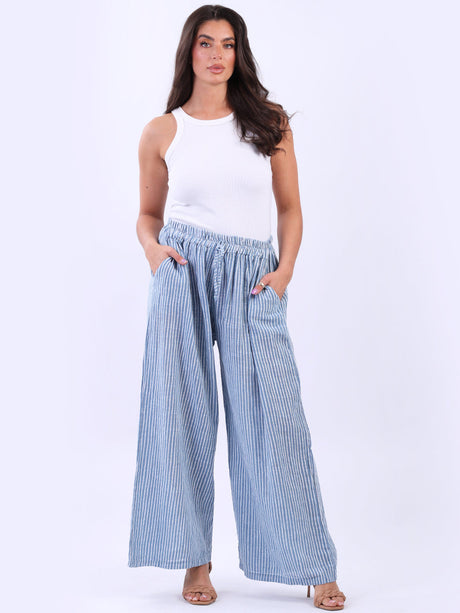 Wide Leg Stripy Cotton Trouser Denim