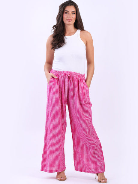 Wide Leg Stripy Cotton Trouser Fuchsia