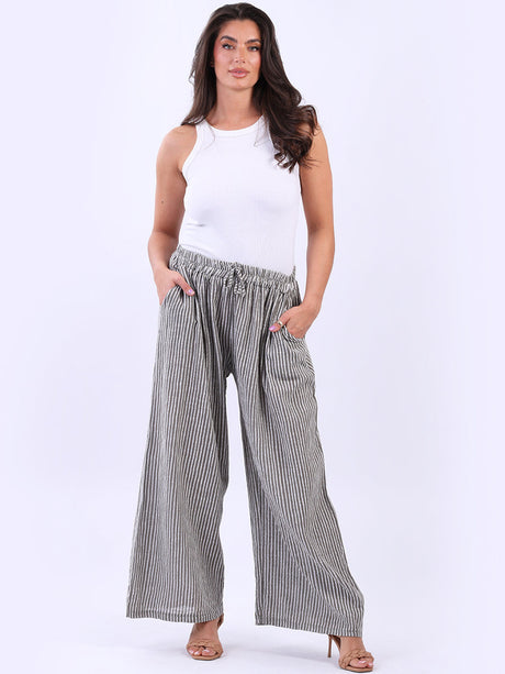 Wide Leg Stripy Cotton Trouser Mocha