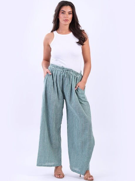Wide Leg Stripy Cotton Trouser Ocean Blue