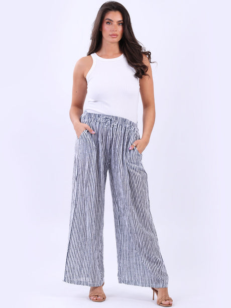 Wide Leg Stripy Cotton Trouser White
