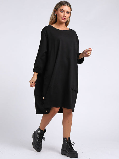 Ladies Plain Buttoned Hem Cotton Slouch Dress